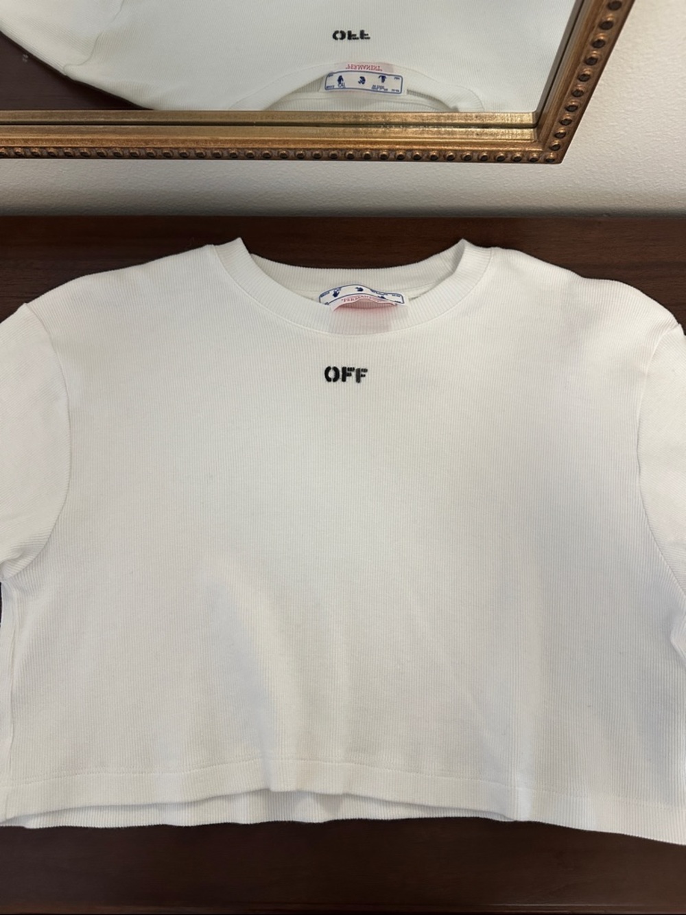 Off-White White Ribbed Cropped Tee with Center Logo